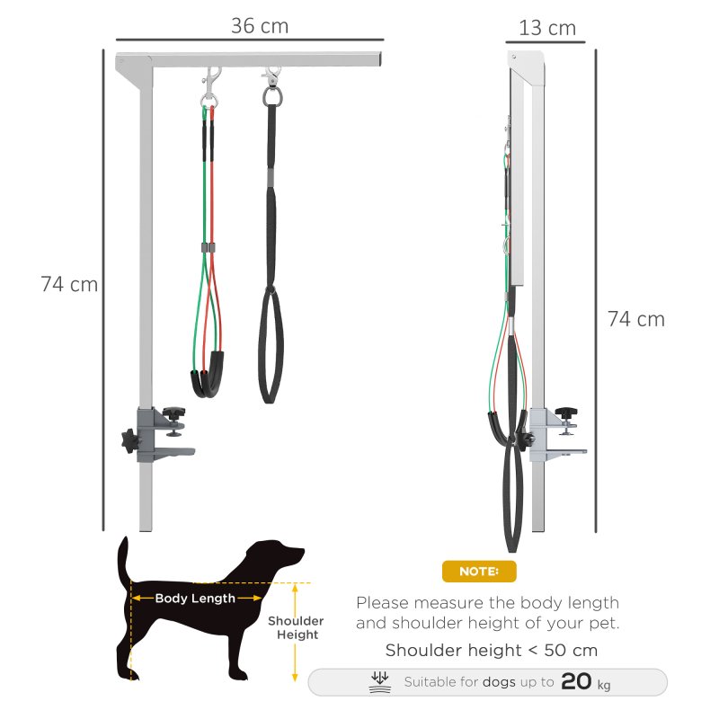 PawHut Foldable Pet Grooming Arm w/ Clamp 30 Inch Height Adjustable, Dog Grooming Loop, Two No Sit Haunch Holders for Small Medium Dogs, Sliver