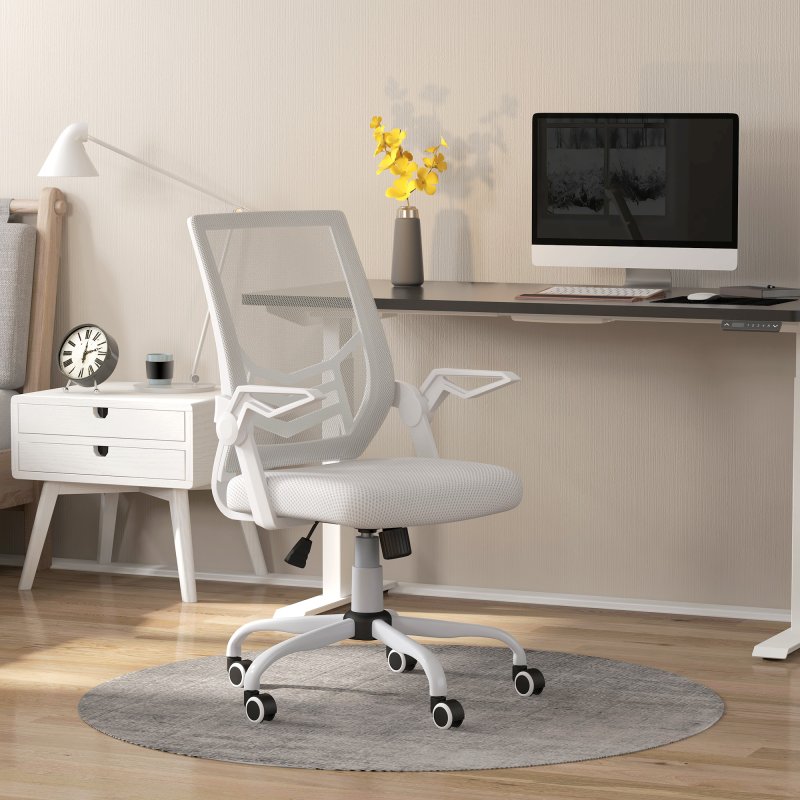 Vinsetto Mesh Office Chair with Flip-up Armrest, Swivel Computer Chair with Lumbar Support, Adjustable Height, Tilt Function for Home/Office, White
