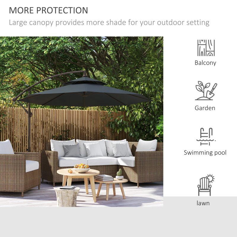 Outsunny 2.7m Garden Banana Parasol Cantilever Umbrella with Crank Handle, Double Tier Canopy and Cross Base for Outdoor, Hanging Sun Shade, Black