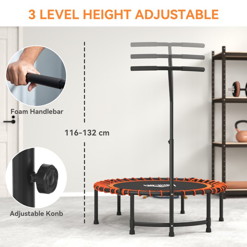 HOMCOM 45" Fitness Trampoline with Adjustable Handle, Folding Rebounder Trampoline Mini Jumper for Indoor Exercise Workout, Support Up to 100kg, Orange