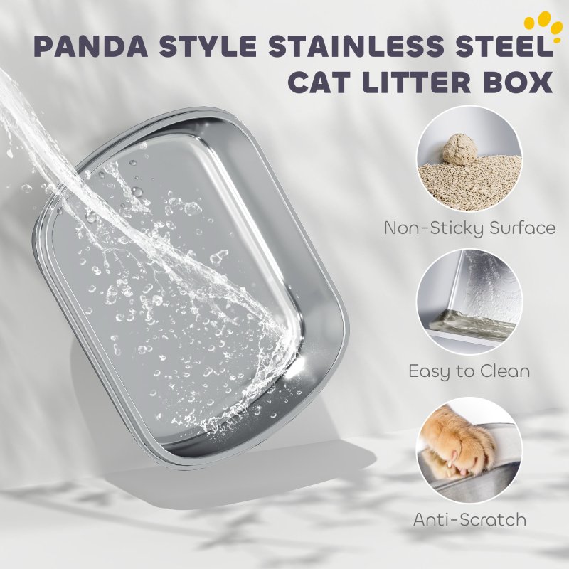 PawHut XL Stainless Steel Litter Box with Lid, Extra Large Enclosed Litter Tray with Scoop & 180 Flip Front Cover, Anti-Leakage, Non-Sticky, Non-Odour, Easy Cleaning, for Big Cats, Panda Style
