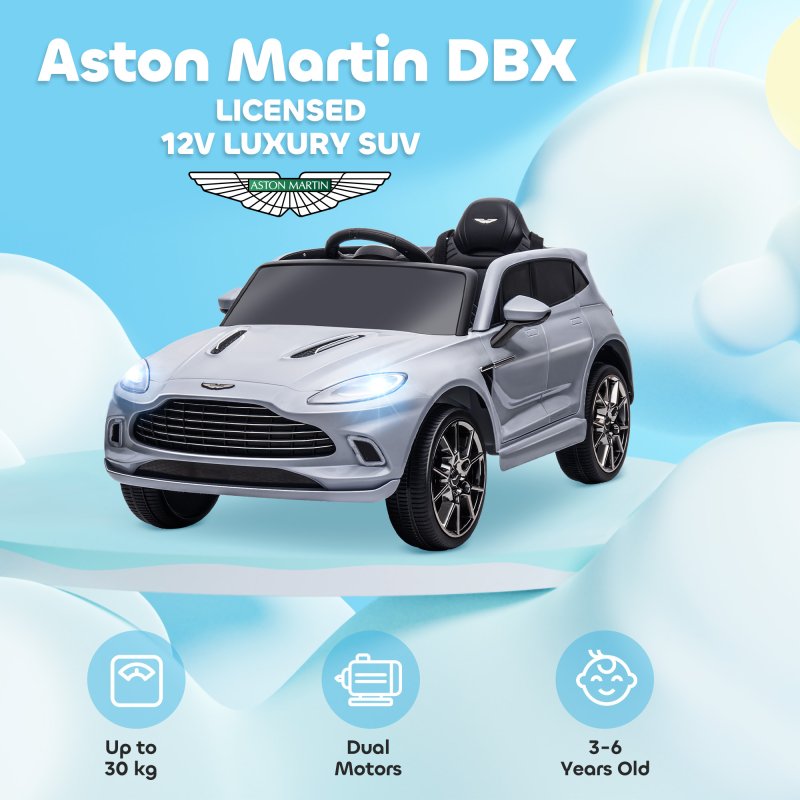 AIYAPLAY Aston Martin DBX Licensed 12V Kids Ride on Car, Kids Electric Car with Remote Control, 4 Suspension Wheels, LED Lights, Music, Horn, Slow Start, for Ages 3-6 Years, Grey