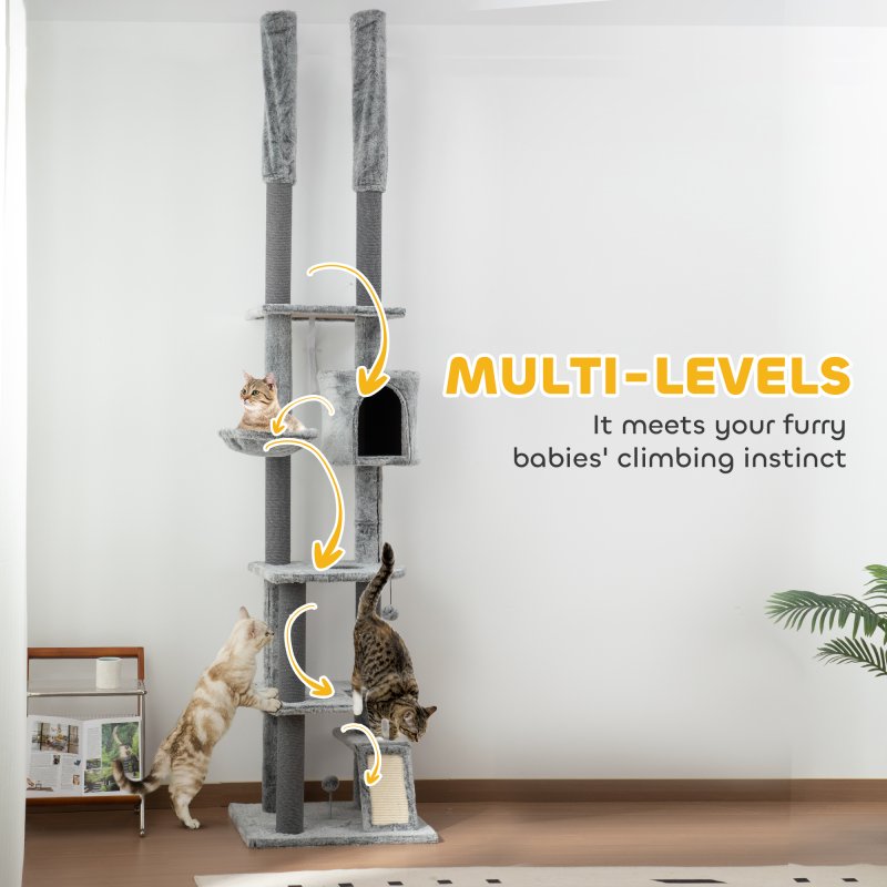 PawHut Floor to Ceiling Cat Tree, 225-255cm Height Adjustable Large Cat Tower 6 Levels Activity Centre for Indoor Cats with Cat Scratching Posts Ramp, Condo Hammock, Play Balls - Grey