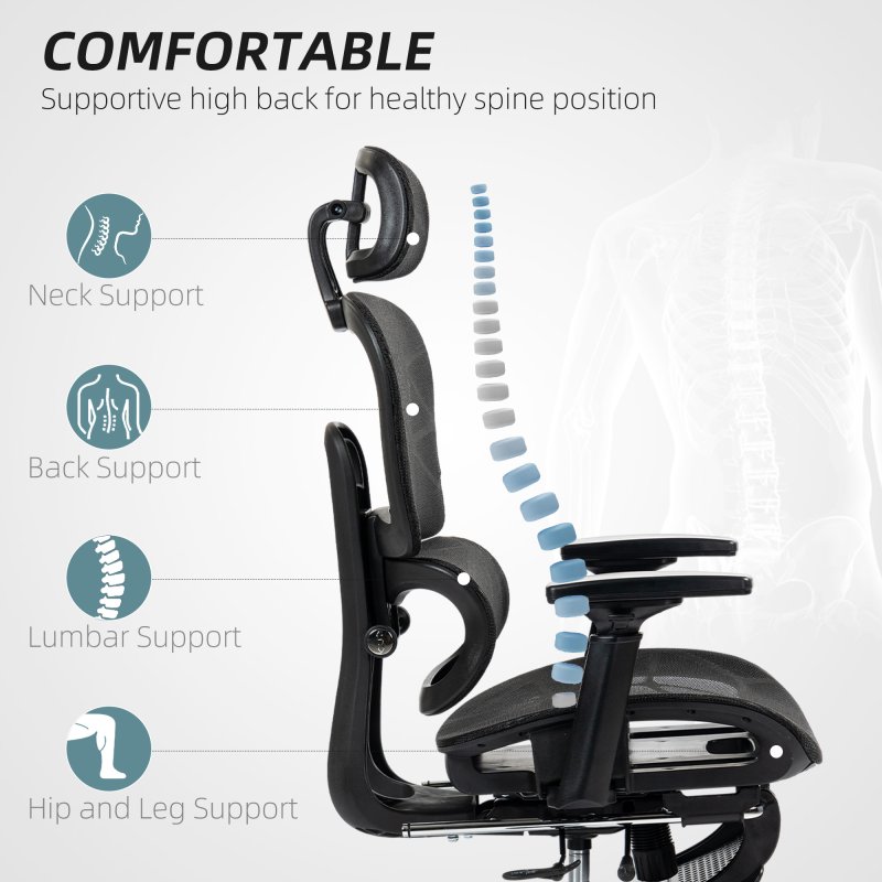 HOMCOM Ergonomic Office Chair, Mesh High Back Computer Desk Chair with 3 Level Adjustable Back, Adjustable Lumbar Support, Swivel Recliner with 3D Armrest, Headrest, Footrest, Black