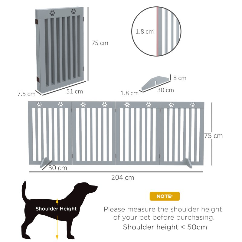 PawHut Freestanding Pet Gate 4 Panel Dog Barrier Folding Safety Fence with Support Feet up to 204cm Long 75cm Tall for Doorway Stairs, Grey