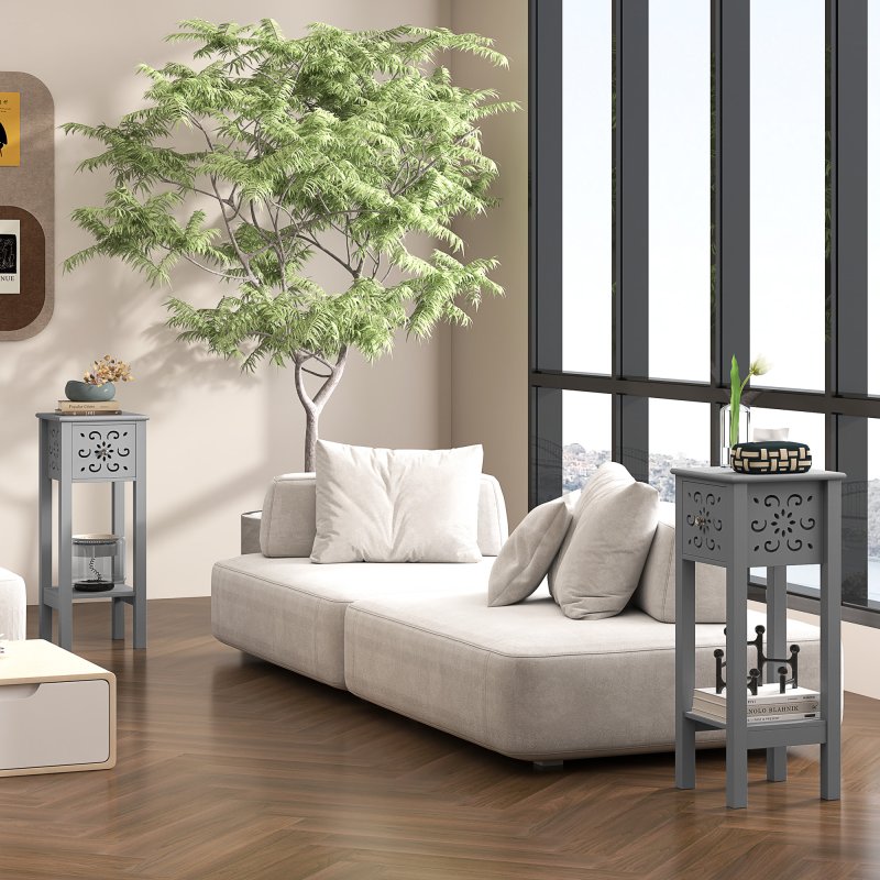 HOMCOM Side Table Set of 2, Bedside Table Set with Drawer and Storage Shelf, End Table Set with Elegant Flower-Shaped Design for Living Room Bedroom, Grey