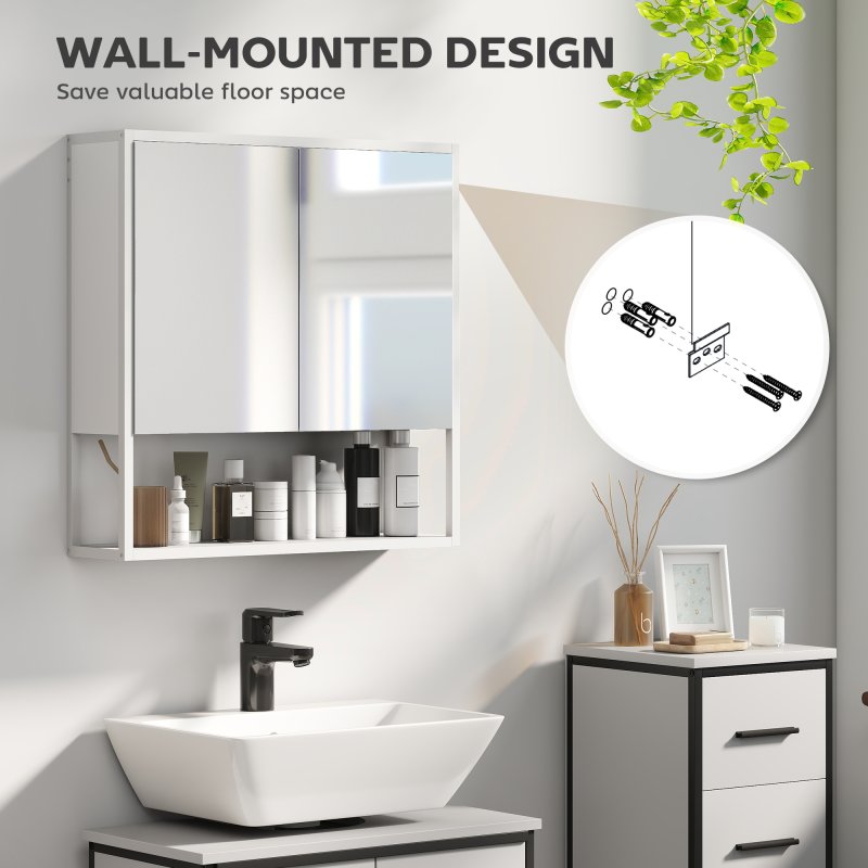 HOMCOM Bathroom Mirror Cabinet Wall Mounted with Soft-Close Doors and Adjustable Shelf, Industrial Bathroom Wall Cabinet with Open Storage, 60 x 16 x 60 cm