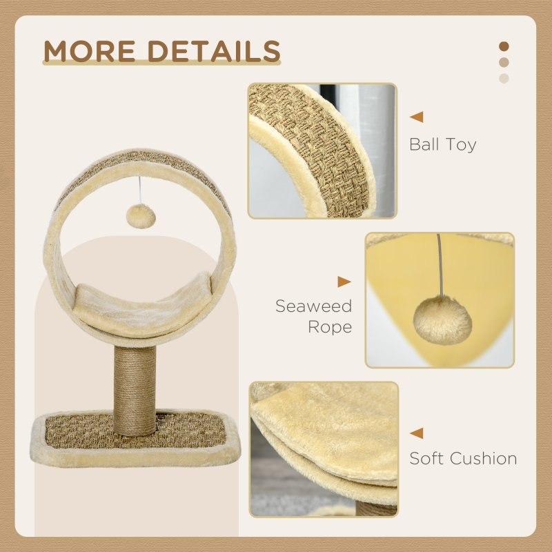 PawHut 56cm Small Cat Tree for Indoor Cats with Scratching Post, Kitten Tower with Tunnel, Toy Ball, Cushion - Beige