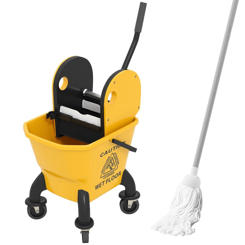 HOMCOM Mop Bucket with Wringer Set on Wheels for Floor Cleaning, 26 Litre Down Press Wringer with Handle and Mop, Yellow