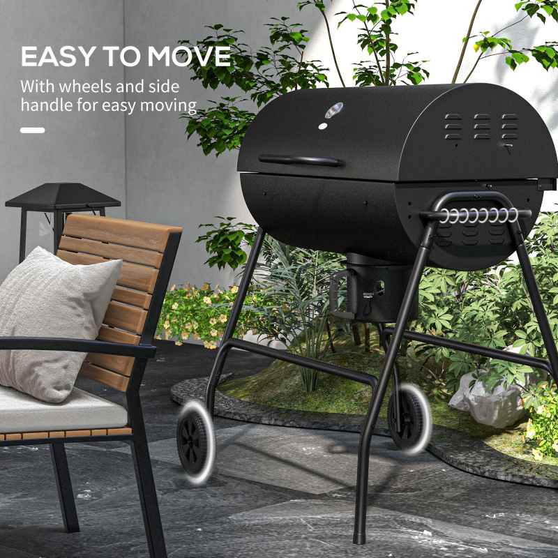 Outsunny Charcoal Barbecue Grill, Portable Barrel BBQ Trolley Smoker with Wheels, Ash Catcher and Thermometer for Outdoor Garden Party Cooking, Black