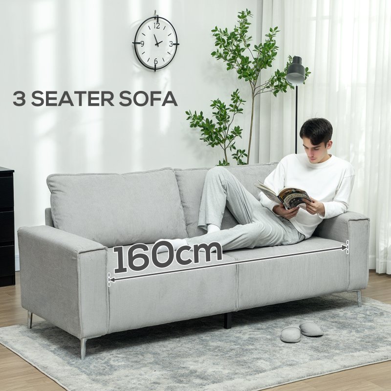 HOMCOM Modern 3 Seater Sofa with Spring Cushion, 193cm Fabric Sofa Couch with Back Pillows, Upholstered Corduroy Settee for Living Room, Bedroom, Home Office, Light Grey