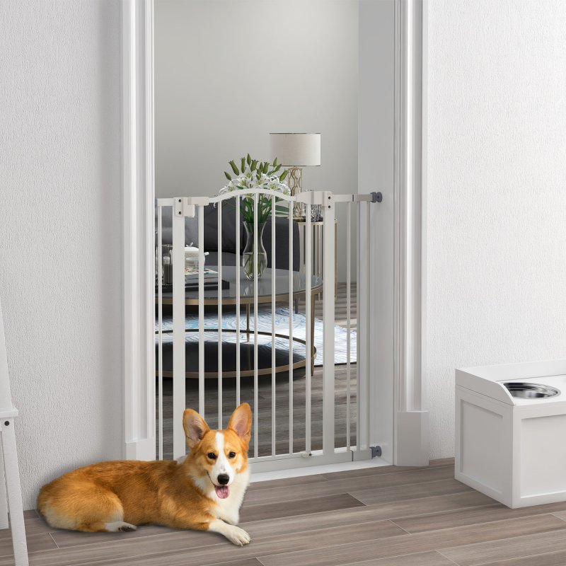 PawHut Pressure Fit Dog Stair Gate No Drilling Safety Gate Auto Close for Doorways, Hallways, 74-87cm Adjustable, 94cm Tall, White