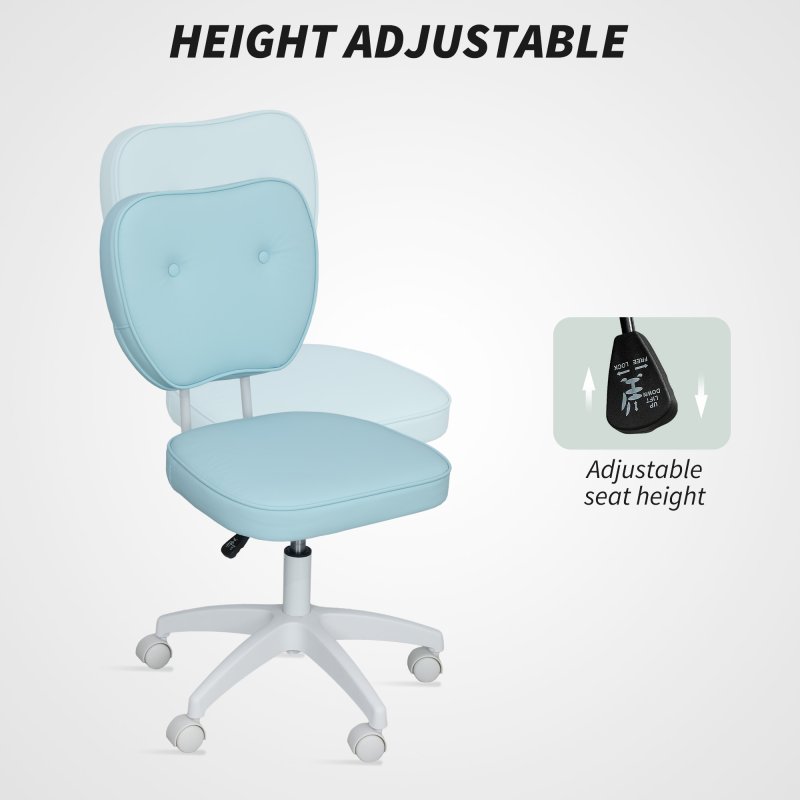 Vinsetto Cute Armless Office Chair, Small PU Leather Computer Desk Chair with Adjustable Height, Swivel Wheels, Mid Back, Light Blue