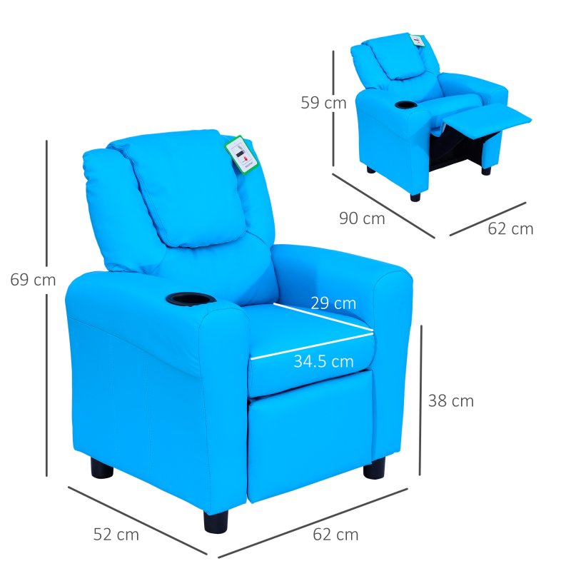 HOMCOM Kids Recliner, PU Leather Kids Armchair, Child Chair, Toddler Armchair with Adjustable Backrest, Footrest, Padded Headrest, Cup Holder, Blue