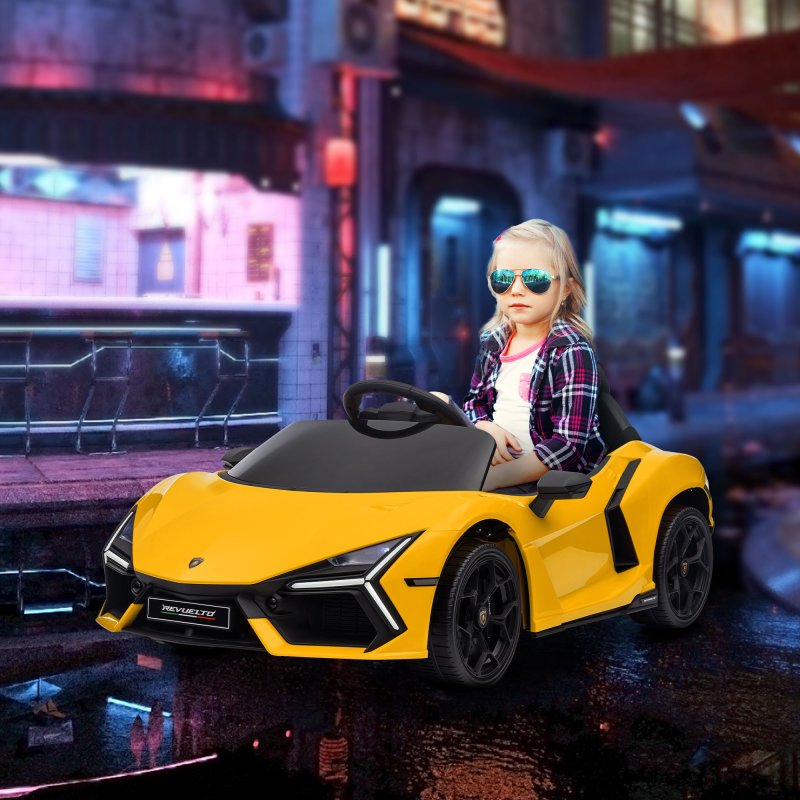 AIYAPLAY Lamborghini Revuelto Licensed Electric Car for Kids with Butterfly Doors, 12V Kids Electric Ride On with Suspension, Remote Control, LED Lights, Horn, USB, MP3 for 3-5 Years, Yellow