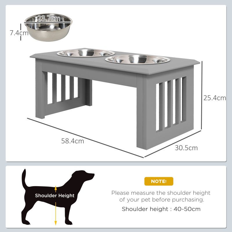 PawHut Raised Dog Bowl Feeding Bowls with Stand for Medium Dogs Elevated Pet Bowls Water Food Feeder 58L x 31W x 25H cm - Grey