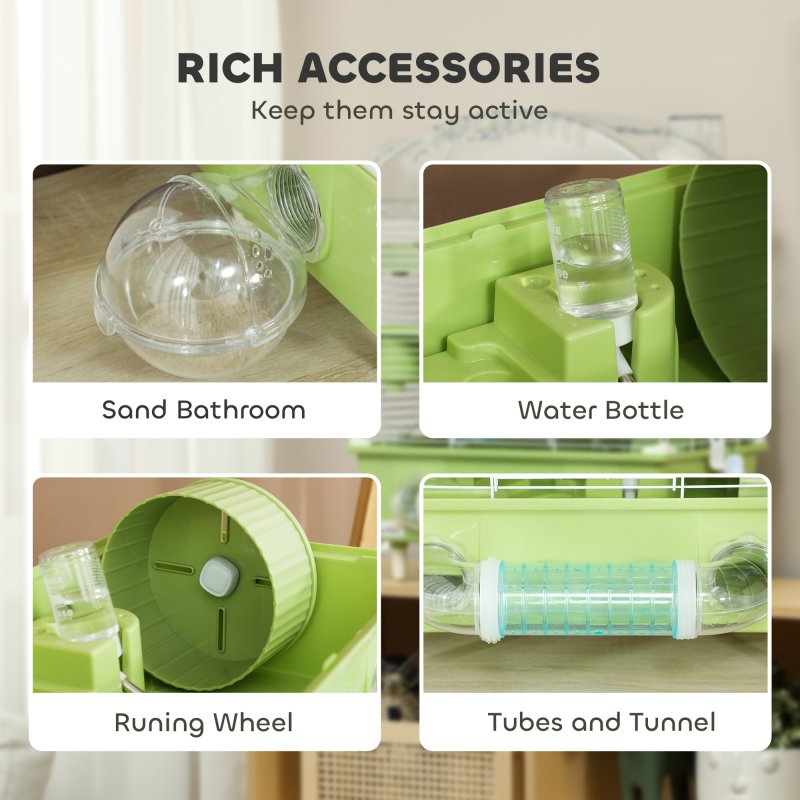 PawHut 3-Tier Hamster Cage, Hamster Habitat with Transparent Top, Sand Bathroom, Exercise Wheel, Hideout Room, Tubes, Small Animal Cage for Dwarf Hamster, 45 x 28 x 60 cm, Green