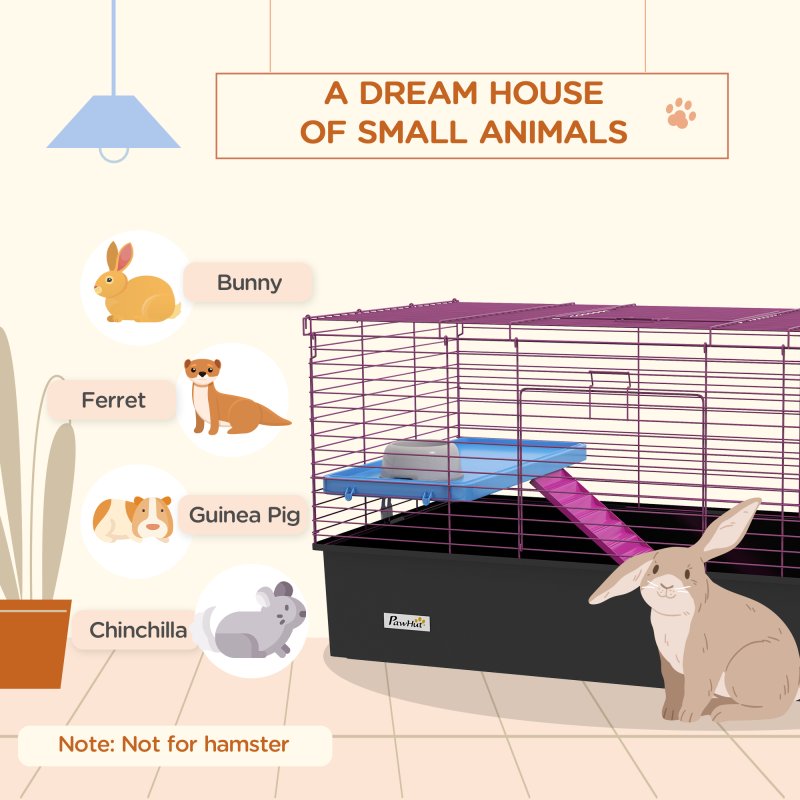 PawHut Guinea Pig Cage Chinchillas Rabbit Small Animal Cage with Ramp, Dish, Water Bottle, 99 x 52 x 53cm, Black