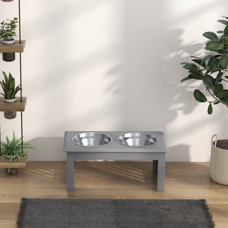 PawHut Raised Dog Bowl Feeding Bowls with Stand for Medium Dogs Elevated Pet Bowls Water Food Feeder 58L x 31W x 25H cm - Grey