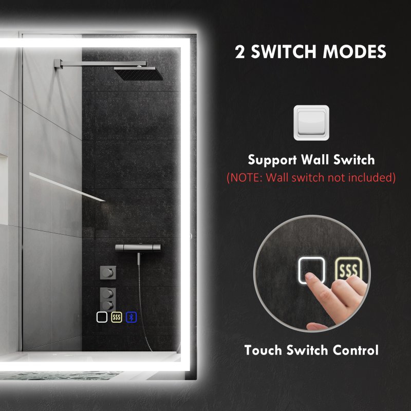 HOMCOM Bluetooth Bathroom Mirror with LED Lights, Illuminated Backlit Wall Mounted Vanity Mirror with 3 Colours Dimmable, Demister Pad, Memory Function, Touch Sensor, IP44
