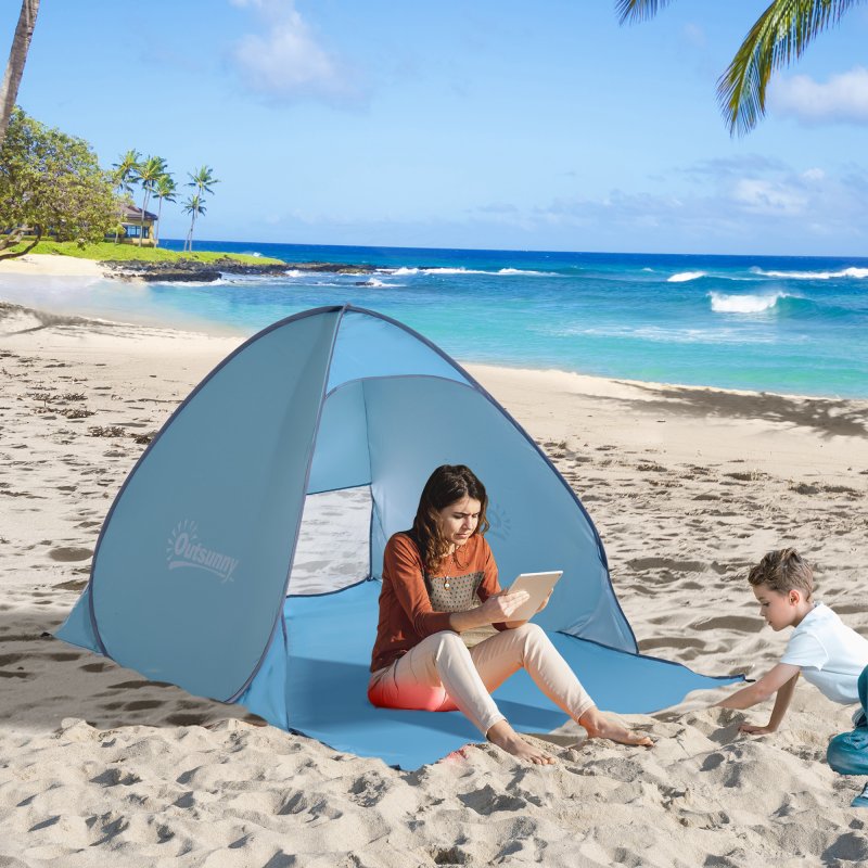 Outsunny Pop up Beach Tent, UV 30+ Portable Sun Shelter with Carry Bag, 2x1.5m for 2-3 Person, Blue