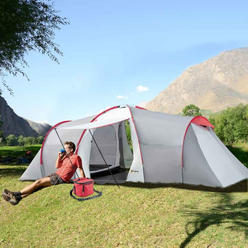 Outsunny 4-6 Man Tunnel Tent with 2 Bedroom, Living Area and Vestibule, Large Camping Tent, 2000mm Waterproof, UV50+, Portable with Bag, for Fishing Hiking Festival, Grey and Red