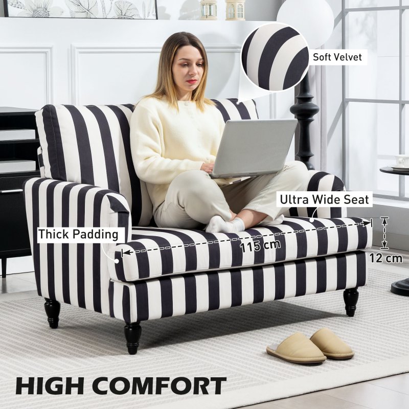 HOMCOM Modern Cuddle Chair, Velvet Single Sofa Armchair with Stripe, Turned Legs and Wide Seat, Upholstered Snuggle Chair for Living Room, Bedroom, Black and White