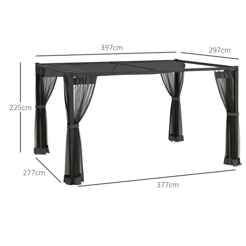 Outsunny 3 x 4 m Pergola with Retractable Roof Canopy and Netting Sidewalls, Aluminium Frame Garden Gazebo Outdoor Sun Shade Shelter for Grill, Patio, Deck, Dark Grey