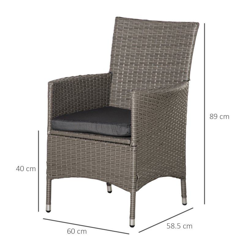 Outsunny 4 Pieces Outdoor PE Rattan Dining Chairs Set with Cushion, Garden Armchair with Armrests, High Backrest, Metal Frame Patio Wicker Furniture, Grey