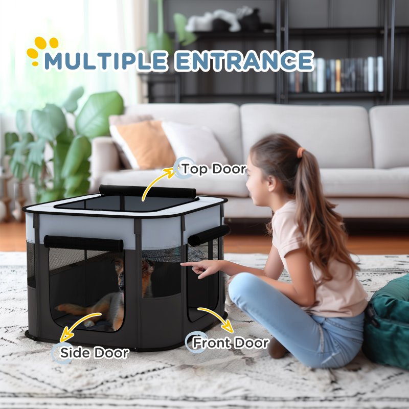 PawHut Dog Pen, Pet Playpen, Portable Foldable Dog Cat Playpen Soft Pet Cage with Storage Bag for Puppies, Rabbits, Kittens, Guinea Pigs, 74 x 60 x 45cm - Grey