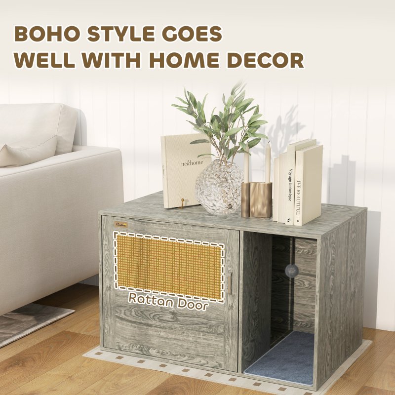 PawHut Cat Litter Box Enclosure with Rattan Door, Boho Style Hiddern Litter Box Furniture, Cat House End Side Table with Scratching Mat, Toy Ball, Non-slip Foot Pads, 80 x 50 x 50cm, Grey