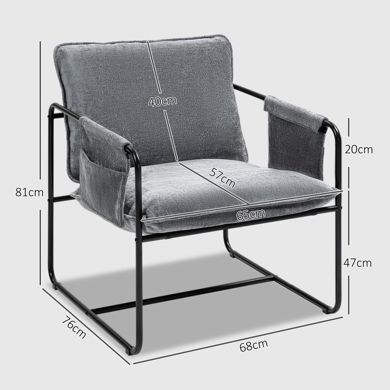 HOMCOM Modern Accent Chair, Chenille Armchair with Side Pockets and Steel Frame, Upholstered Reading Chair for Bedroom, Living Room, Grey