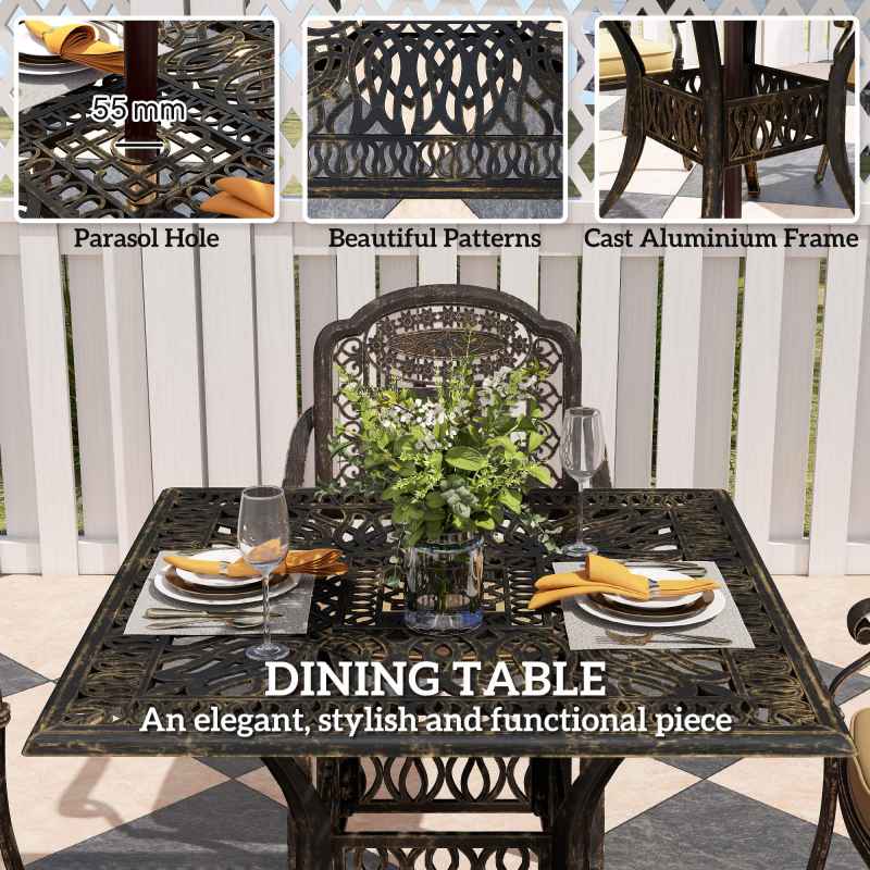 Outsunny 5 Pieces Cast Aluminium Garden Dining Set, 4 Seater Garden Table and Chairs with Parasol Hole, Outdoor Garden Furniture Set with Cushions for Patio, Bronze Tone