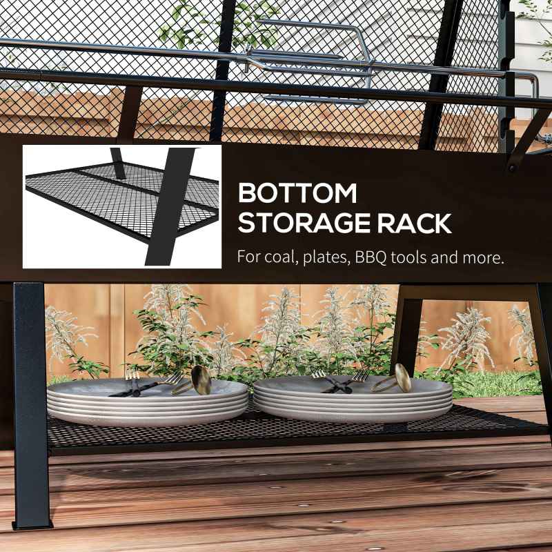 Outsunny 3-in-1 BBQ Rotisserie Grill Roaster Fire Pit with Storage Shelf, Mesh Lid and Poker, Charcoal Chicken Spit Roast Machine with Waterproof Cover for Outdoor Picnic Camping, Black