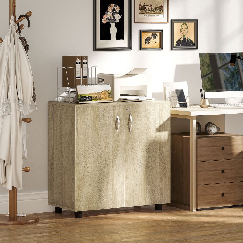 Vinsetto Filing Cabinet with Locking Doors & Shelves, 2-Tier Lockable Storage Cabinet with 2 Keys for Home Office, 80W x 40D x 80H cm, Oak