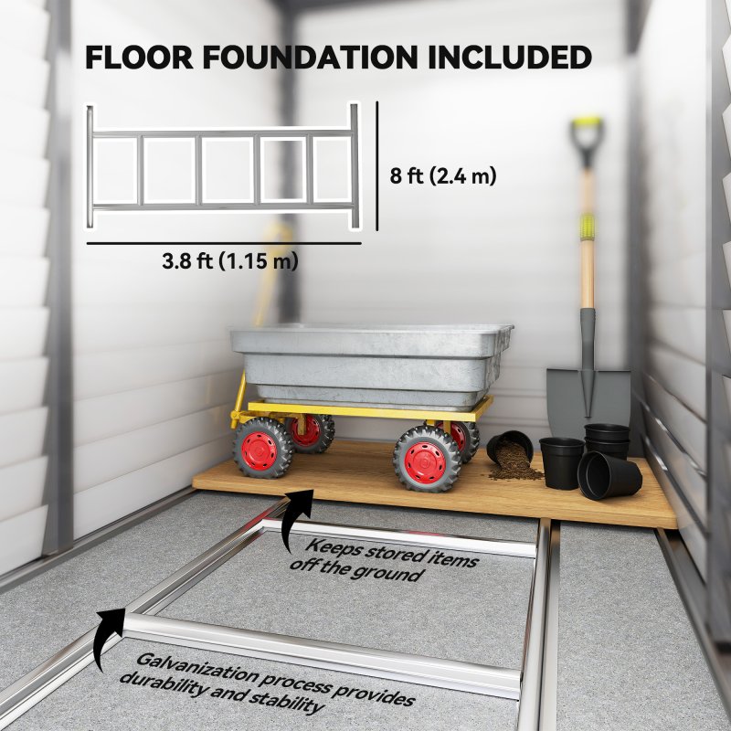 Outsunny 5 x 9ft Galvanised Metal Garden Shed with Foundation Kit, Outdoor Lean-to Shed, Tool Storage House with Lockable Doors, Gloves and 2 Air Vents for Patio, Garden, Grey