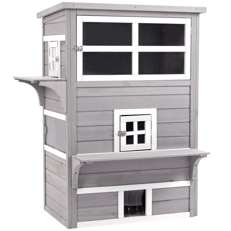 PawHut Outdoor Cat House, 3 Tier Wooden Kitten Shelter with Jumping Platforms, Asphalt Roof, Doors for Indoor, Garden - Grey