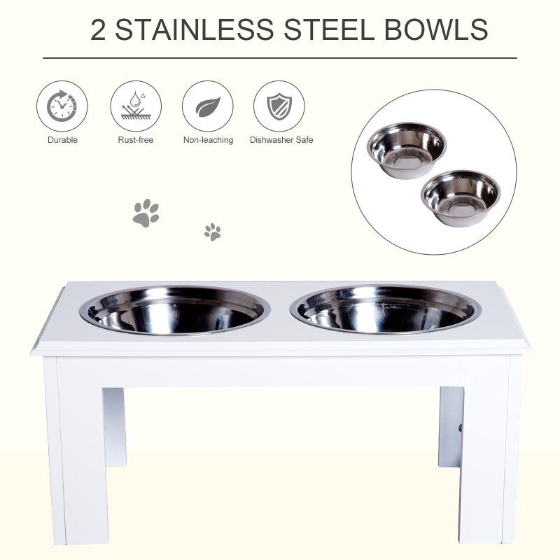 PawHut Raised Dog Bowl Feeding Bowls with Stand for Medium Dogs Elevated Pet Bowls Water Food Feeder 58L x 31W x 25H cm - White