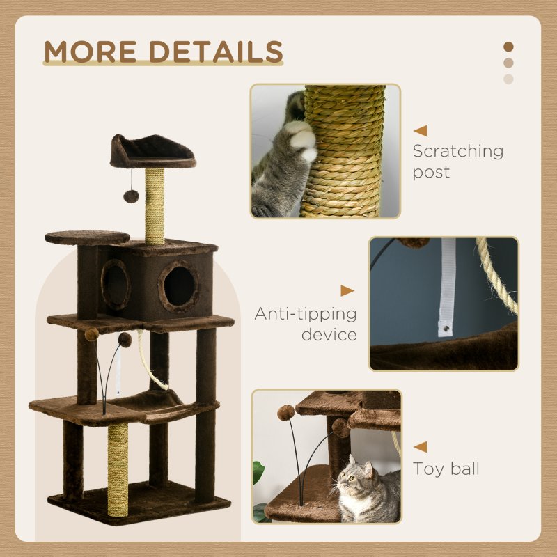 PawHut 136cm Cat Tree for Indoor Cats, Cat Tower with Scratching Posts, Hammock, Toy Ball, Cat House, Platforms - Brown