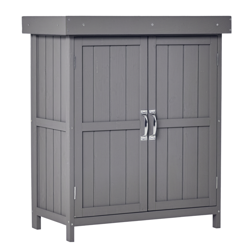 Outsunny Small Shed, Wooden Garden Shed with Openable Hinged Roof and Removable Shelf, Outdoor Tool Storage Cabinet Chest with Double Doors, 74 x 43 x 88 cm, Grey
