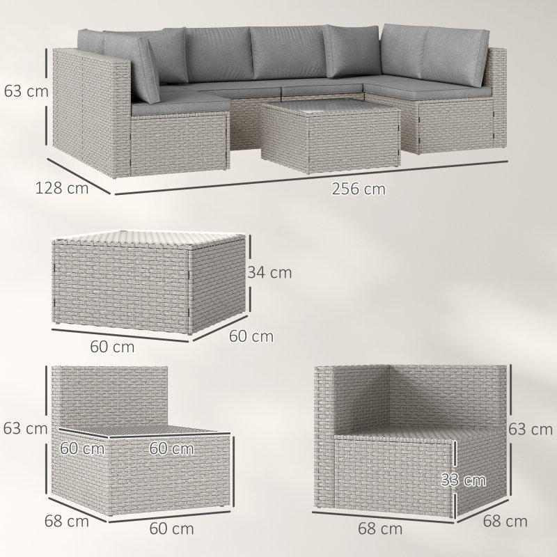 Outsunny 7 Pieces Rattan Garden Furniture Set, 6 Seater Garden Corner Sofa with Wide Seat, Cushions and Glass Top Table, Sectional Outdoor Furniture Conservatory Set for Patio, Grey