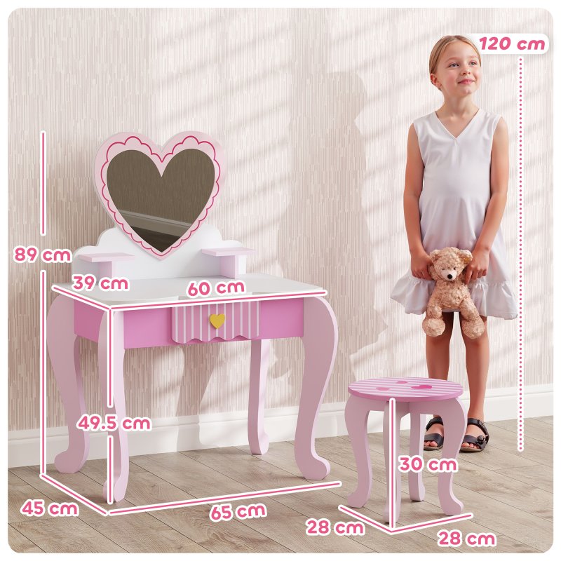 AIYAPLAY Kids Dressing Table Set, 2-Piece Children Vanity Table with Stool, Mirror, Drawer, Desktop, Storage, Heart-Themed Makeup Desk and Chair, Pink