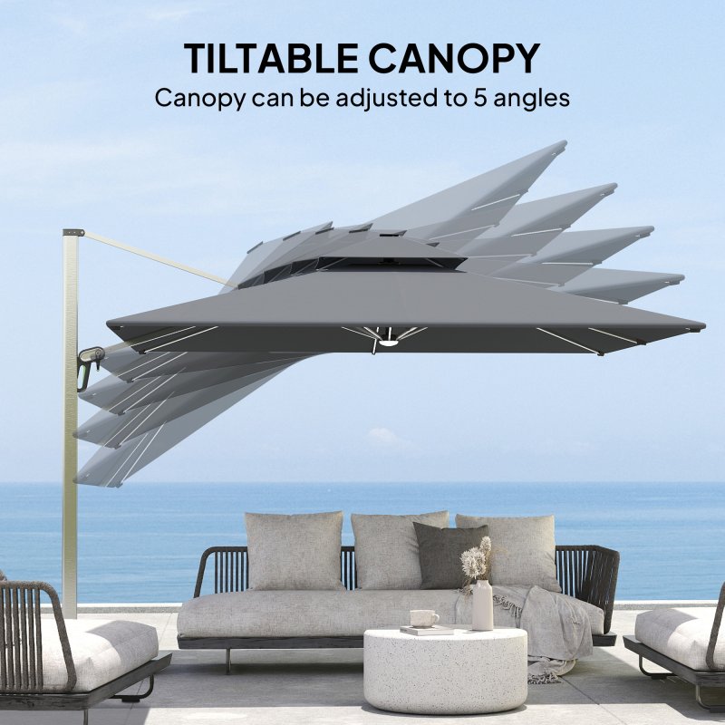 Outsunny 3(m) Garden Cantilever Parasol with Solar LED Lights, Overhanging Patio Umbrella with Cross Base, 360 Rotation, Crank Handle and Tilt, 8-Rib Outdoor Hanging Sun Shade, Grey