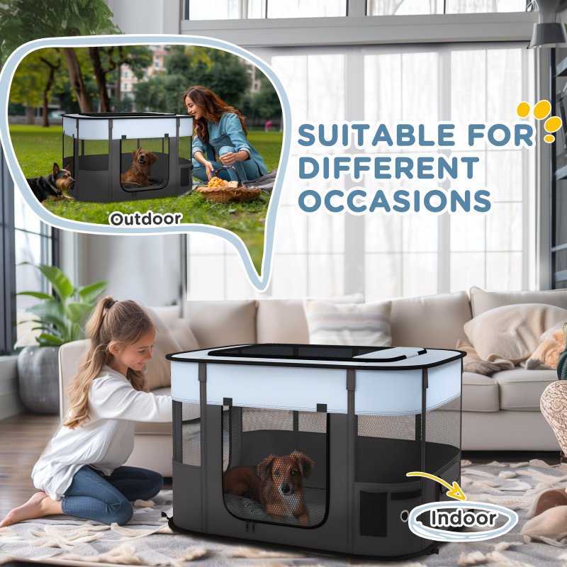 PawHut Dog Pen, Pet Playpen, Portable Foldable Dog Cat Playpen Soft Pet Cage with Storage Bag for Puppies, Rabbits, Kittens, Guinea Pigs, 94 x 74 x 60cm - Grey