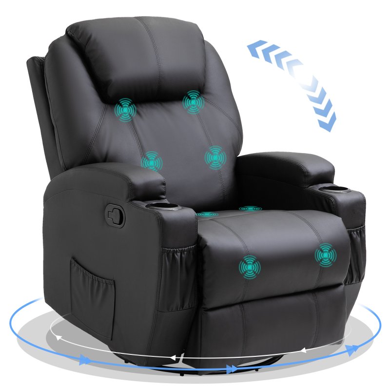 HOMCOM Recliner Chair, Recliner Massage Rocker Chair with 360° Rotate, 165° Reclining Function, Adjustable Footrest, Swivel Armchair Single Sofa for Living Room with Drink Holders, Side Pockets, Black