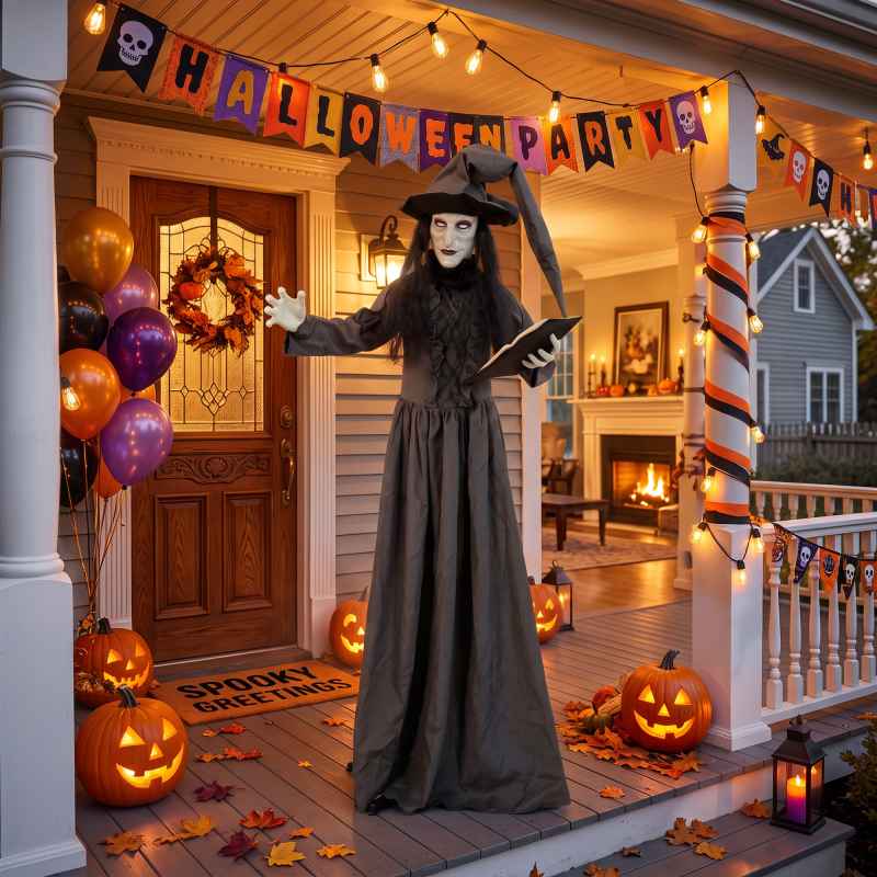 HOMCOM 180cm Life Size Animated Witch Halloween Decorations Outdoor Indoor, Scary Halloween Animatronics Decor with Sound Touch Activated, Animated Prop with Light Up Eyes for House Garden