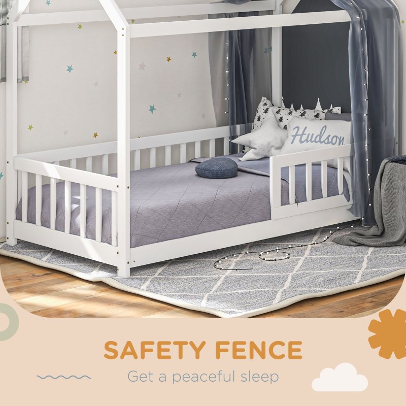 HOMCOM House-Shaped Kids Bed Frame, Solid Pine Wood Single Bed Frame with Safety Fence for Kids Boys and Girls, White