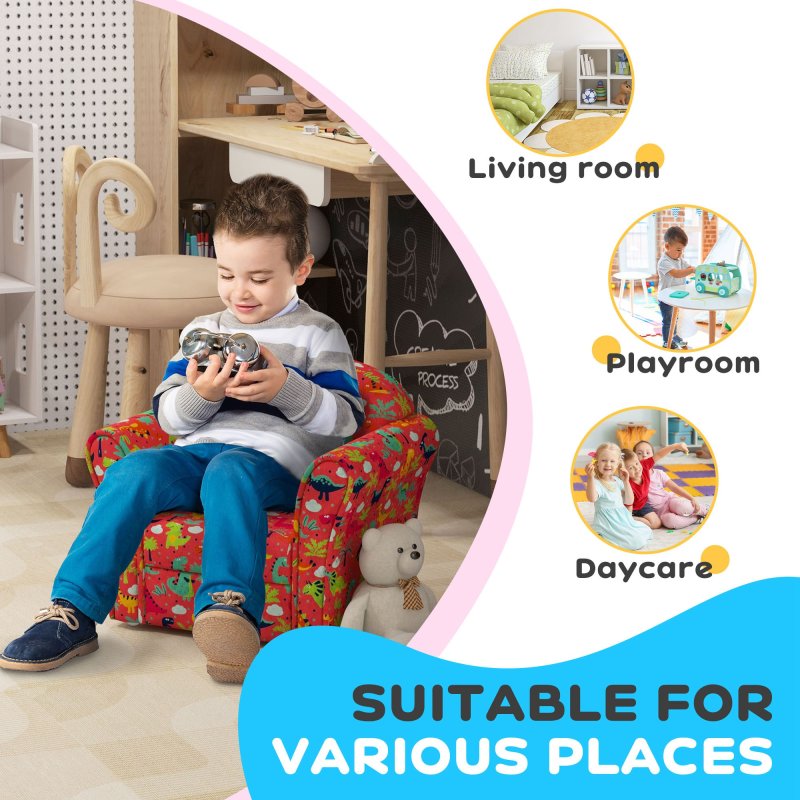AIYAPLAY Kids Sofa Chair, Toddler Armchair with Dinosaur Design, Wooden Frame, Upholstered Toddler Chair for Bedroom, Playroom, Kids Room - Red