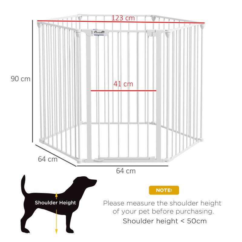 PawHut 2 in 1 Multifunctional Dog Pen, Safety Pet Gate, 6 Panels Dog Playpen with Double-Locking Door, Foldable Dog Barrier for Medium Dogs, 90Hcm - White