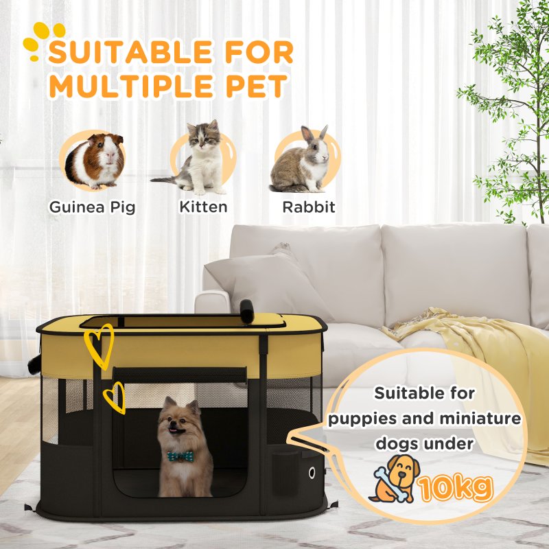 PawHut Dog Pen, Pet Playpen, Portable Foldable Dog Cat Playpen Soft Pet Cage with Storage Bag for Puppies, Rabbits, Kittens, Guinea Pigs, 84 x 64 x 53cm - Yellow